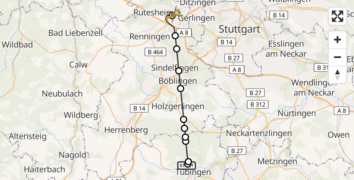 Flugroute Rettungshubschrauber Tübingen Trauma Hospital - Leonberg Hospital, 23 Mai 2026, 07:36