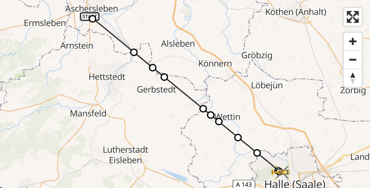 Flugroute Rettungshubschrauber AMEOS Hospital Aschersleben - Halle (Saale) University Hospital, 23 Mai 2026, 07:37