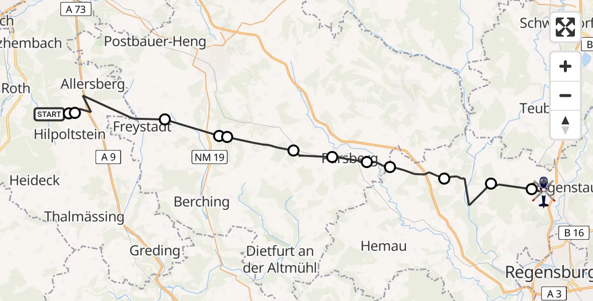 Flugroute Polizeihubschrauber Roth - Regenstauf, 23 Mai 2026, 07:37