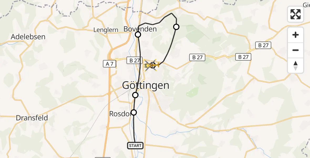 Flugroute Rettungshubschrauber Friedland - Göttingen University Clinic Hubschrauberlandeplatz, 23 Mai 2026, 07:41