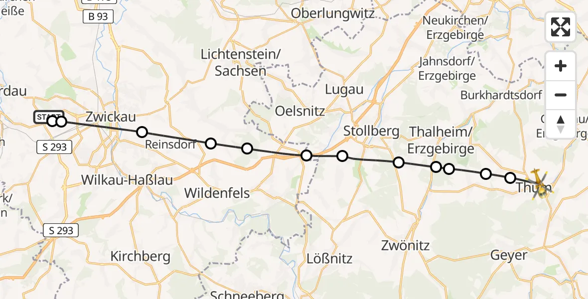 Flugroute Rettungshubschrauber ADAC Air Rescue Station Zwickau Hubschrauberlandeplatz - Thum, 23 Mai 2026, 07:41