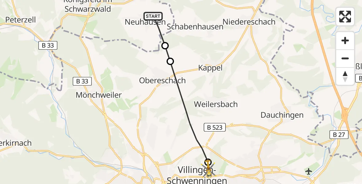 Flugroute Ambulanzhubschrauber Königsfeld im Schwarzwald - DRF Air Rescue Station Villingen-Schwenningen Hubschrauberlandeplatz (Christoph 11), 23 Mai 2026, 07:50