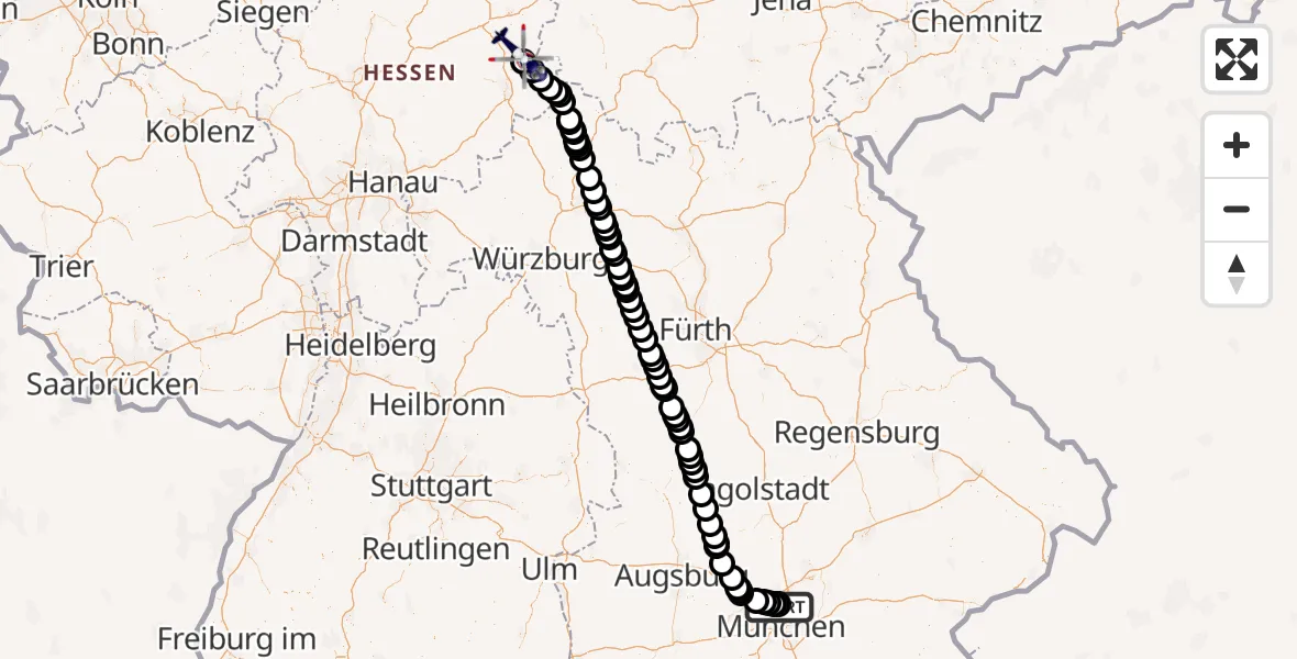 Flugroute Polizeihubschrauber Oberschleissheim Hubschrauberlandeplatz - Hünfeld, 23 Mai 2026, 07:53