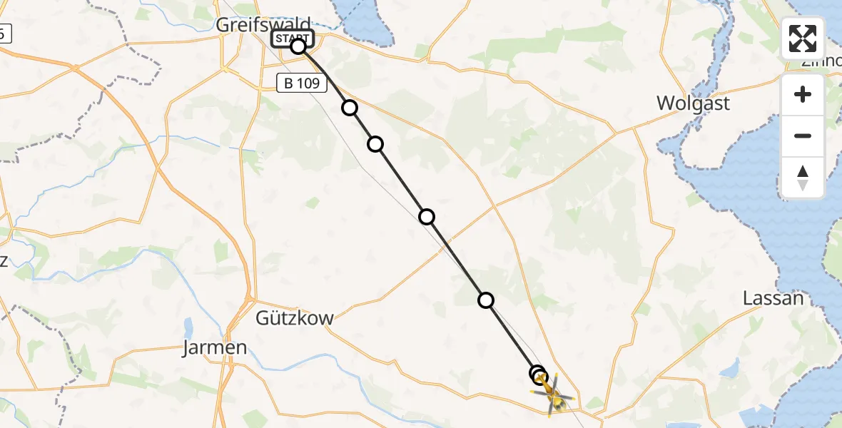 Flugroute Rettungshubschrauber Greifswald Hospital - Klein Bünzow, 23 Mai 2026, 07:56