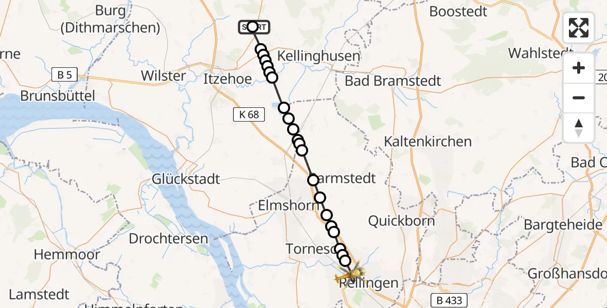 Flugroute Rettungshubschrauber Itzehoe Hungriger Wolf Flugplatz - Pinneberg, 23 Mai 2026, 07:58