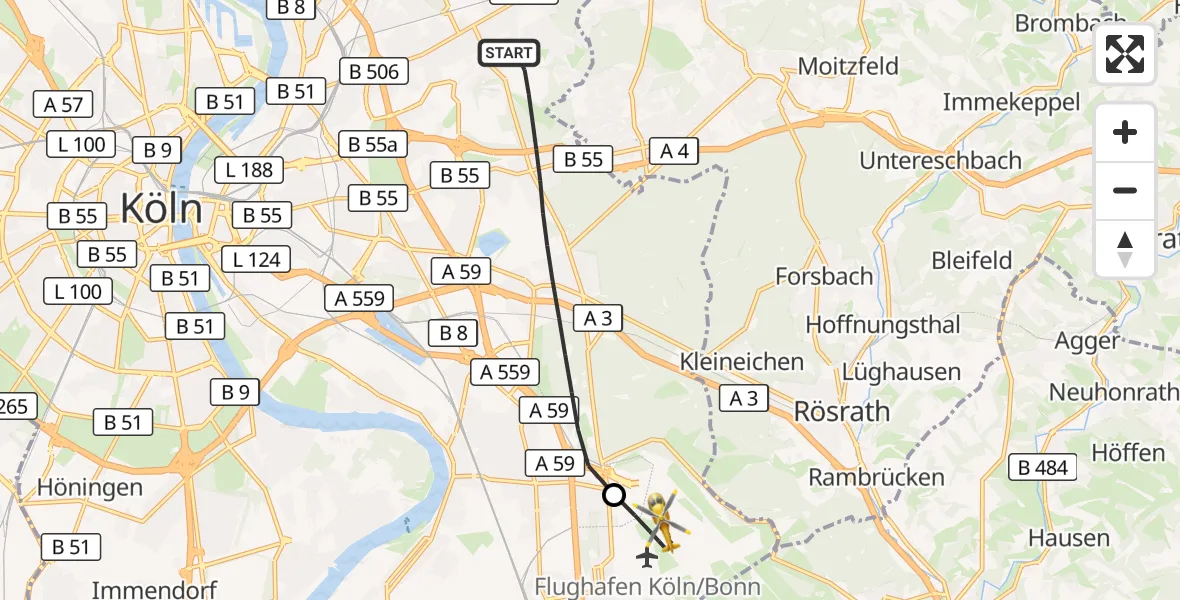 Flugroute Rettungshubschrauber Köln - Köln Bonn Flughafen, 23 Mai 2026, 08:01