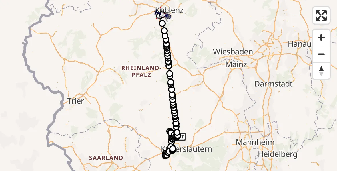 Flugroute Polizeihubschrauber Olsbrücken - Koblenz-Winningen Flugplatz, 23 Mai 2026, 08:10