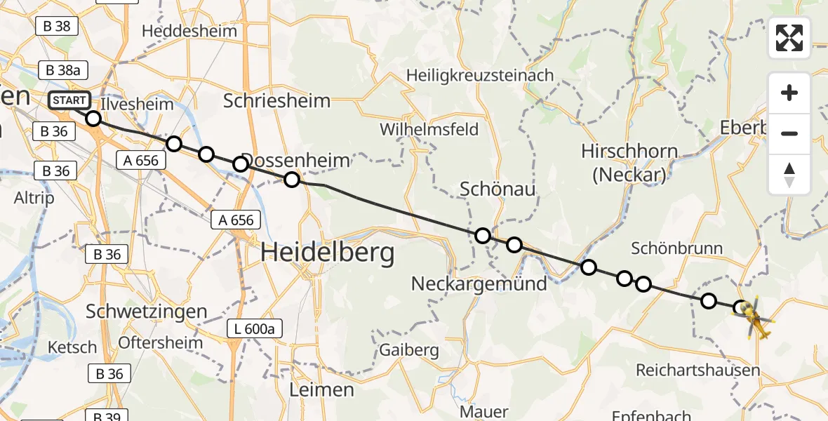 Flugroute Rettungshubschrauber Mannheim-City Flughafen - Schwarzach, 23 Mai 2026, 08:12