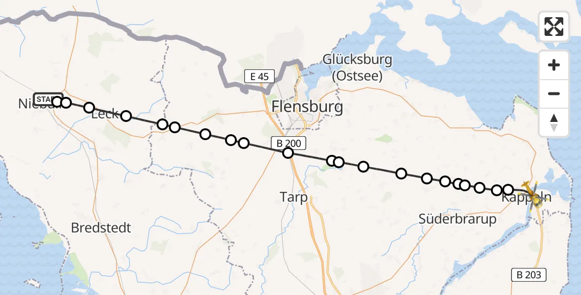 Flugroute Rettungshubschrauber Niebüll - Kappeln, 23 Mai 2026, 08:12