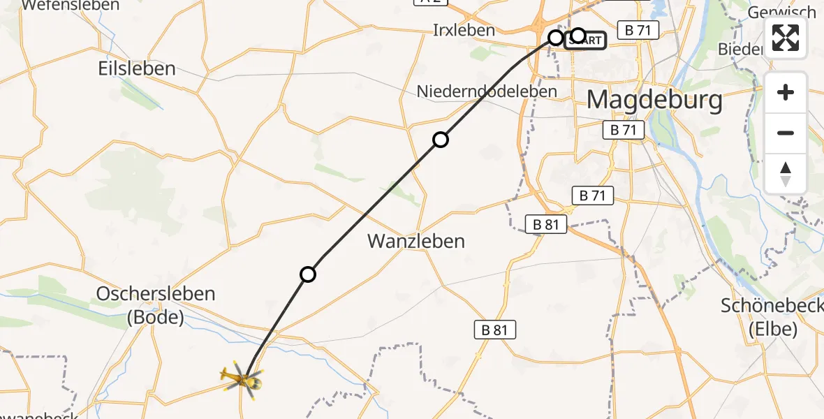 Flugroute Rettungshubschrauber Magdeburg Hospital - Oschersleben (Bode), 23 Mai 2026, 08:19