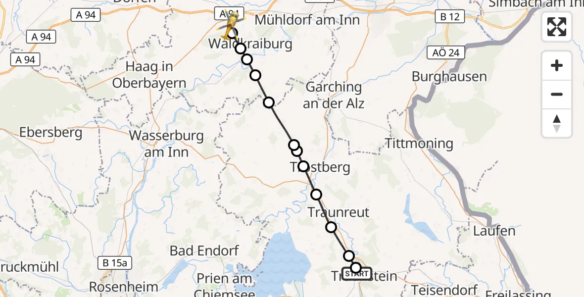 Flugroute Rettungshubschrauber Traunstein Hospital - Heldenstein, 23 Mai 2026, 08:19