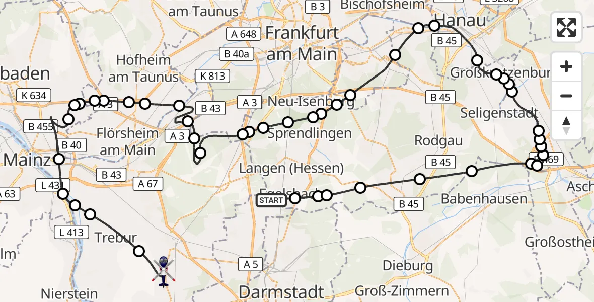 Flugroute Polizeihubschrauber Flughafen Frankfurt-Egelsbach - Groß-Gerau, 23 Mai 2026, 08:20