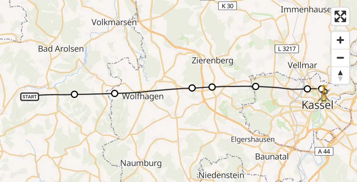Flugroute Rettungshubschrauber Twistetal - Kassel, 23 Mai 2026, 08:26