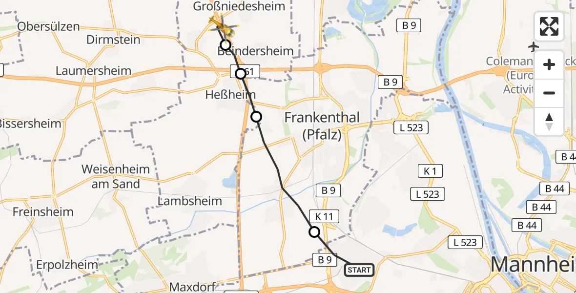Flugroute Rettungshubschrauber Ludwigshafen am Rhein - Heuchelheim bei Frankenthal, 23 Mai 2026, 08:31