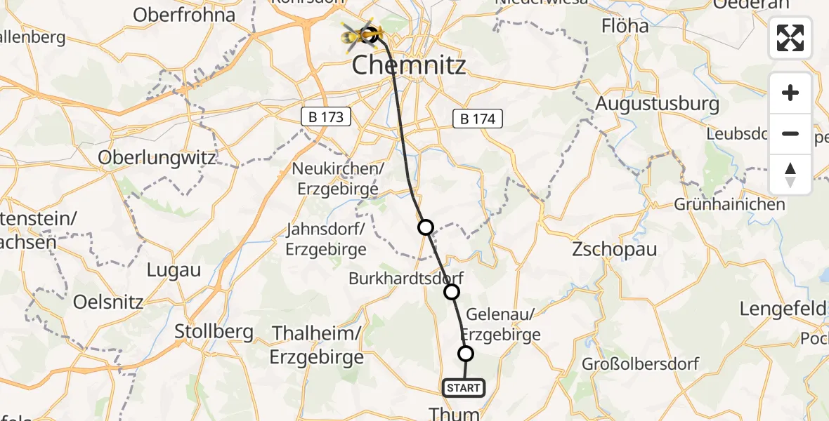 Flugroute Rettungshubschrauber Thum - Flemmingstraße Hospital Rooftop, 23 Mai 2026, 08:34