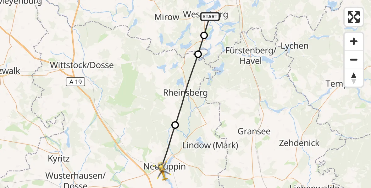 Flugroute Rettungshubschrauber Wesenberg - Neuruppin, 23 Mai 2026, 08:35