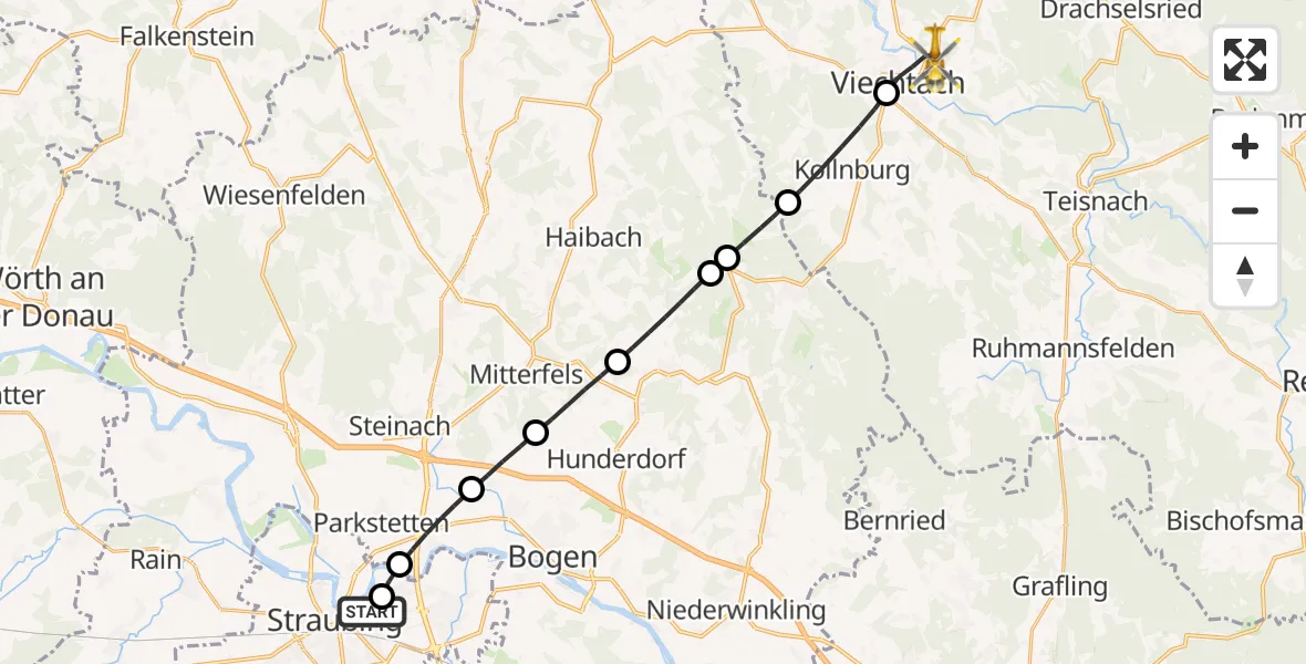 Flugroute Rettungshubschrauber Sankt Elisabeth Hospital Straubing - Viechtach, 23 Mai 2026, 08:36