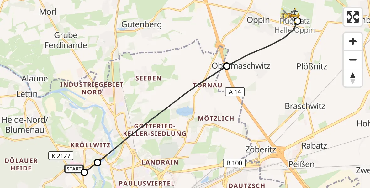Flugroute Rettungshubschrauber Halle (Saale) University Hospital - Halle-Oppin Flugplatz, 23 Mai 2026, 08:38