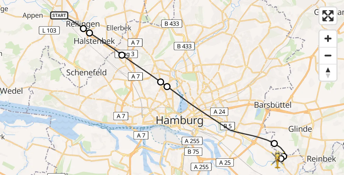 Flugroute Rettungshubschrauber Pinneberg - Christoph Hansa ADAC Hubschrauberlandeplatz, 23 Mai 2026, 08:44