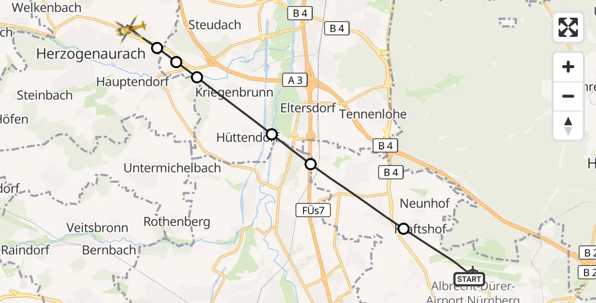 Flugroute Ambulanzhubschrauber Flughafen Nuremberg - Herzogenaurach, 23 Mai 2026, 08:48