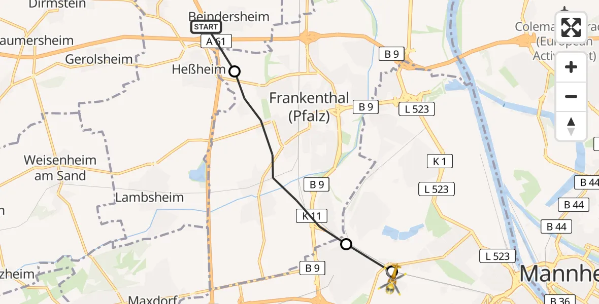 Flugroute Rettungshubschrauber Beindersheim - Ludwigshafen Accident Hospital, 23 Mai 2026, 08:50