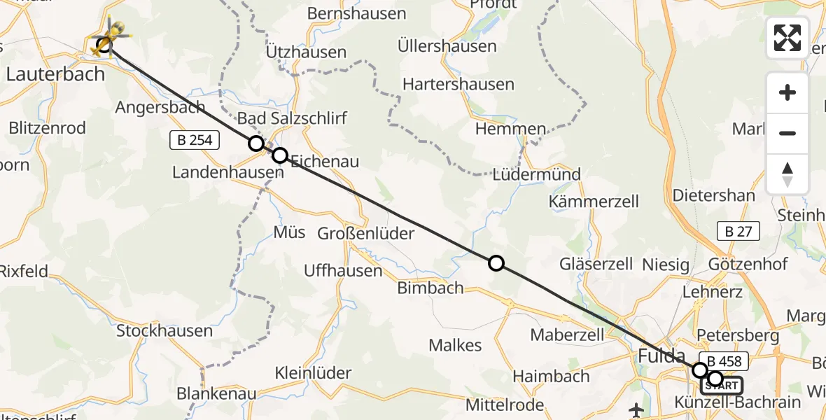 Flugroute Rettungshubschrauber Fulda Hospital - Lauterbach (Hessen), 23 Mai 2026, 08:51