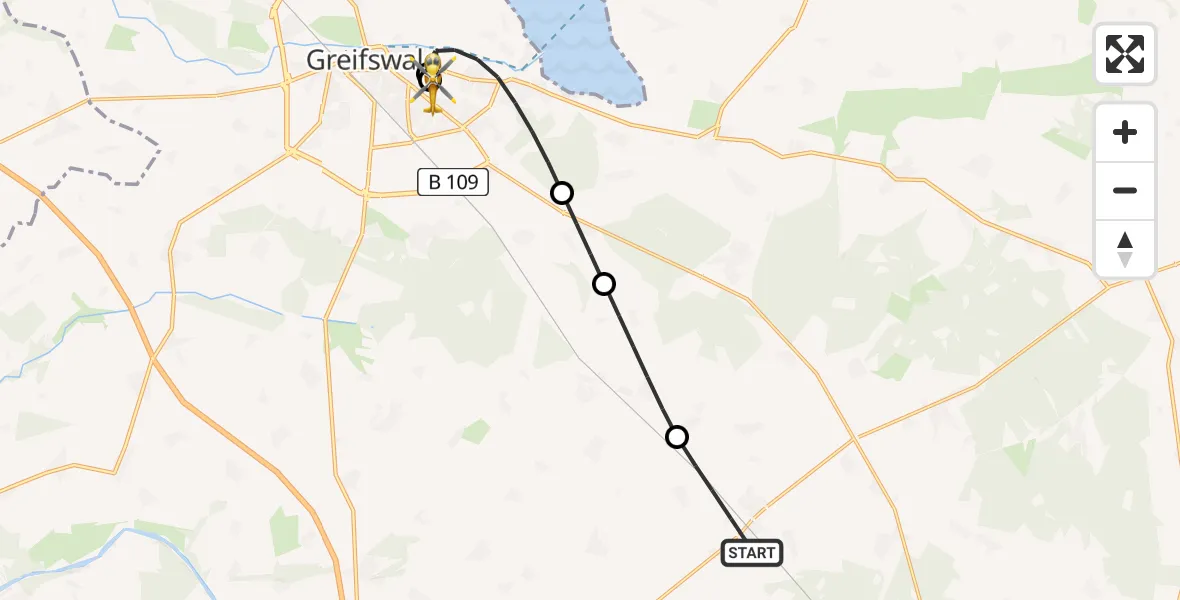 Flugroute Rettungshubschrauber Züssow - Greifswald Hospital, 23 Mai 2026, 08:53