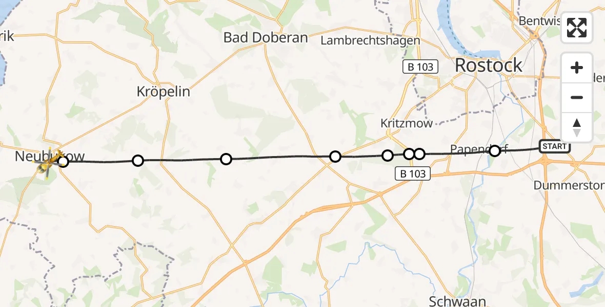 Flugroute Ambulanzhubschrauber Dummerstorf - Neubukow, 23 Mai 2026, 08:55