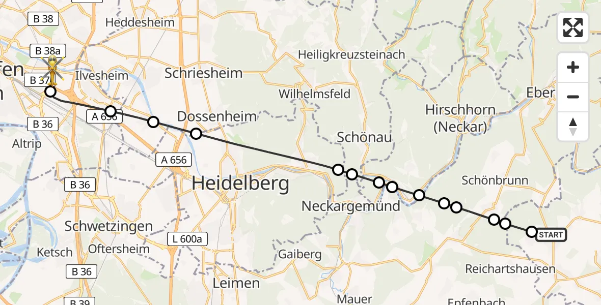 Flugroute Rettungshubschrauber Schwarzach - Mannheim-City Flughafen, 23 Mai 2026, 08:59