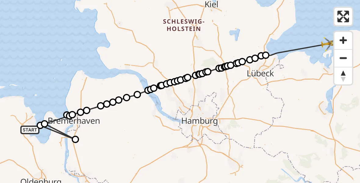 Flugroute Ambulanzhubschrauber Wilhelmshaven - Insel Poel, 23 Mai 2026, 09:01