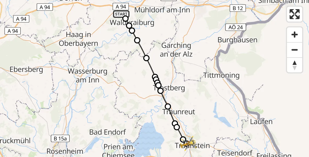 Flugroute Rettungshubschrauber Heldenstein - Traunstein Hospital, 23 Mai 2026, 09:07