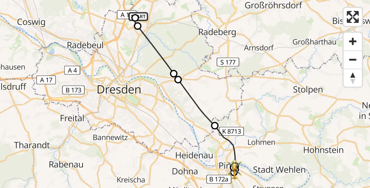 Flugroute Rettungshubschrauber Dresden Bundespolizei Hubschrauberlandeplatz - Pirna Krankenhaus Hubschrauberlandeplatz, 23 Mai 2026, 09:09