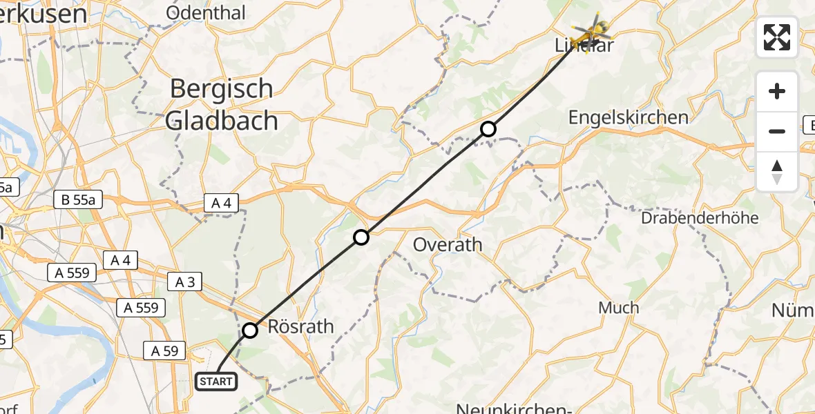 Flugroute Rettungshubschrauber Köln Bonn Flughafen - Lindlar, 23 Mai 2026, 09:11