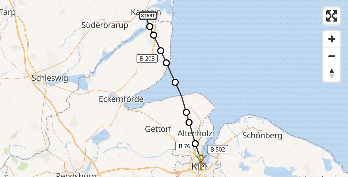 Flugroute Rettungshubschrauber Kappeln - Kiel, 23 Mai 2026, 09:11