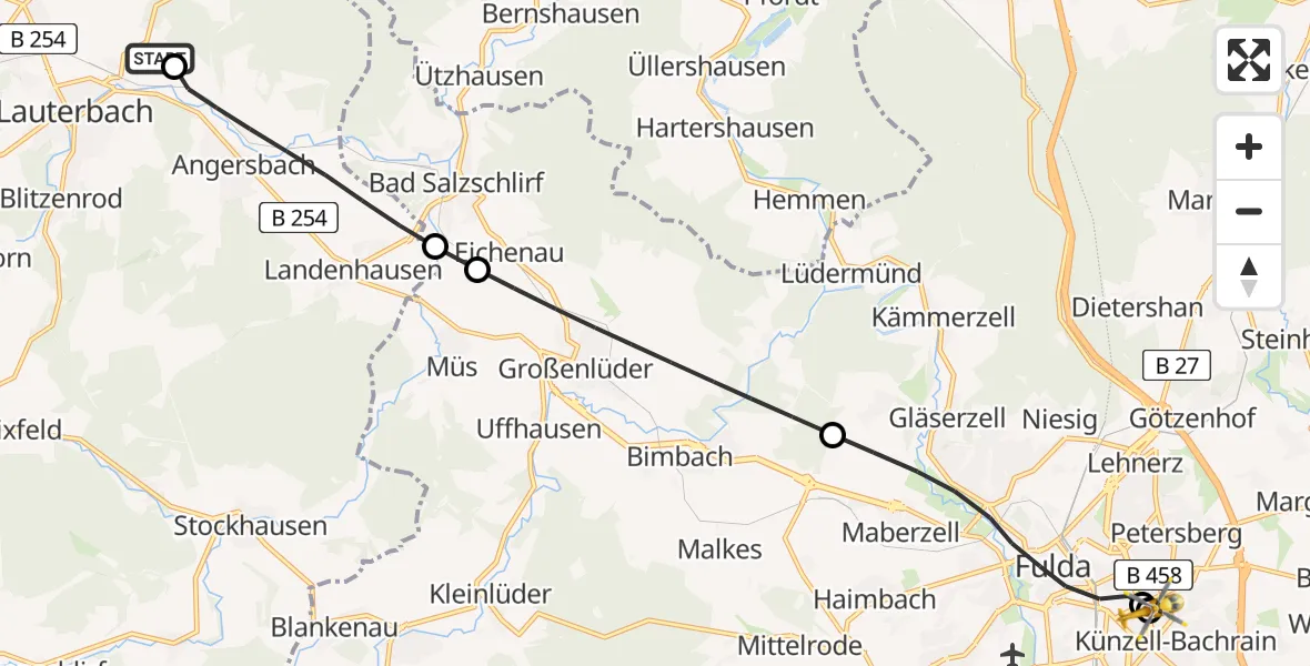 Flugroute Rettungshubschrauber Lauterbach (Hessen) - Fulda Hospital, 23 Mai 2026, 09:13