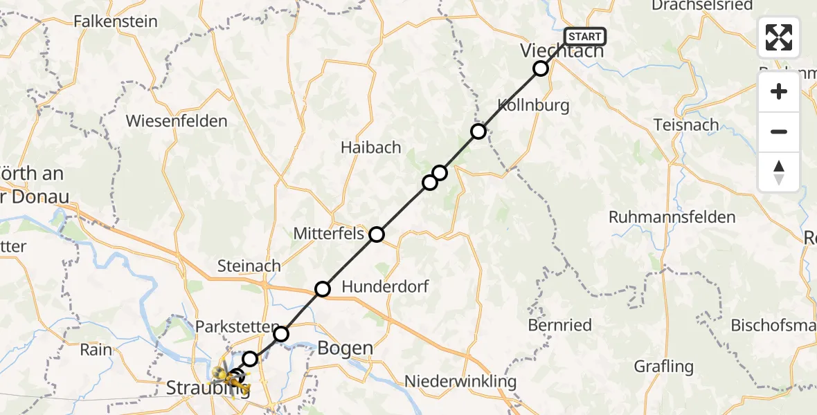 Flugroute Rettungshubschrauber Viechtach - Sankt Elisabeth Hospital Straubing, 23 Mai 2026, 09:19