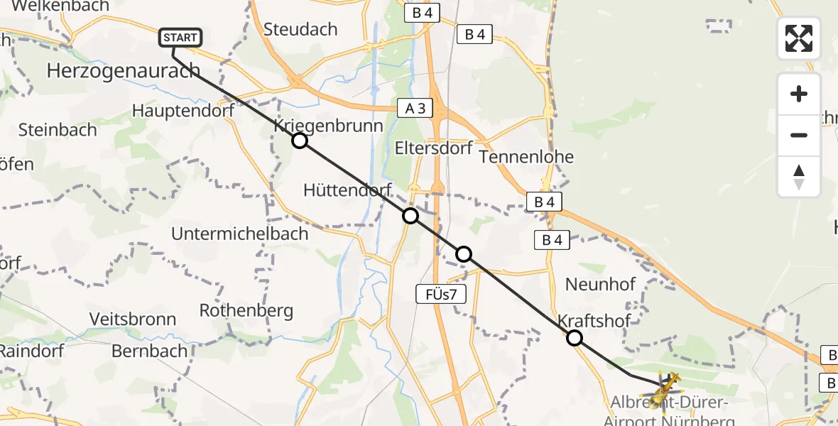 Flugroute Ambulanzhubschrauber Herzogenaurach - Flughafen Nuremberg, 23 Mai 2026, 09:19