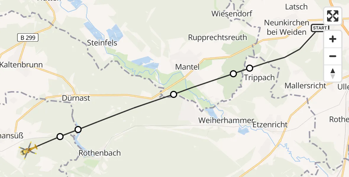 Flugroute Rettungshubschrauber Weiden i.d.OPf. - Freihung, 23 Mai 2026, 09:21