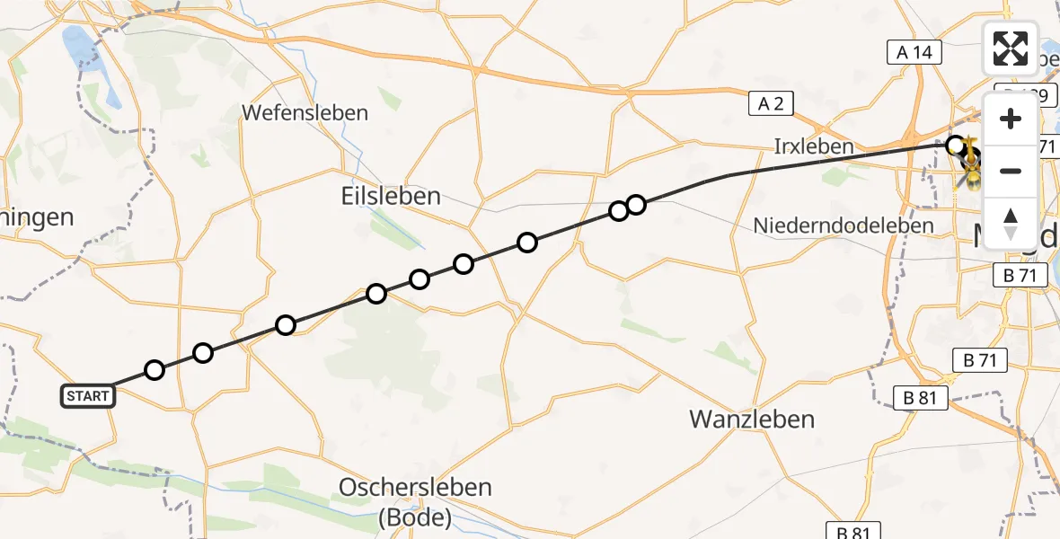 Flugroute Rettungshubschrauber Hötensleben - Magdeburg Hospital, 23 Mai 2026, 09:23