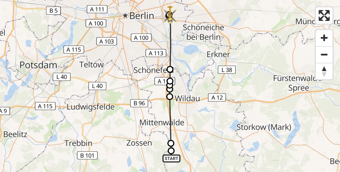 Flugroute Rettungshubschrauber Mittenwalde - Berlin Emergency Hospital, 23 Mai 2026, 09:25