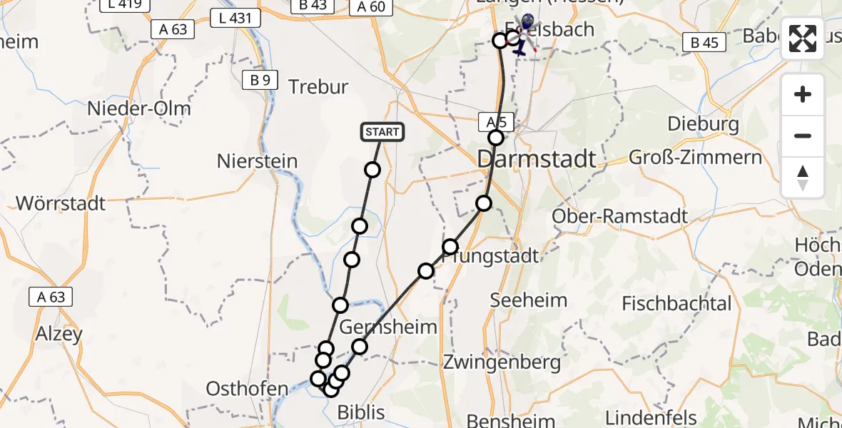 Flugroute Polizeihubschrauber Groß-Gerau - Flughafen Frankfurt-Egelsbach, 23 Mai 2026, 09:25