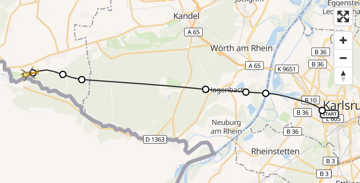 Flugroute Rettungshubschrauber Sankt Vincentius Hospital - Schweighofen, 23 Mai 2026, 09:26