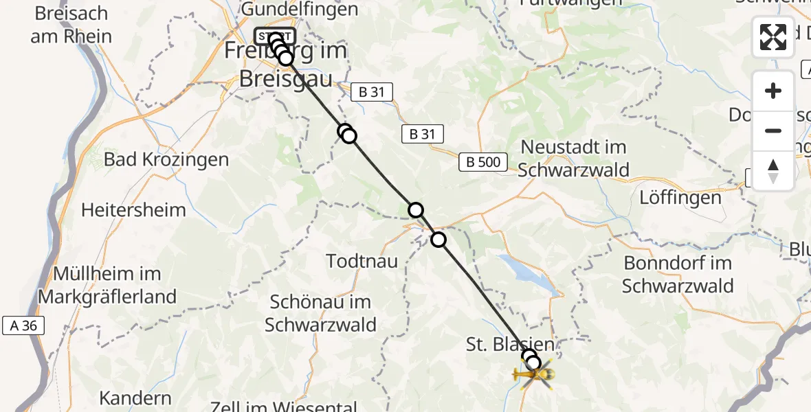Flugroute Rettungshubschrauber Freiburg im Breisgau Flugplatz - Höchenschwand, 23 Mai 2026, 09:28