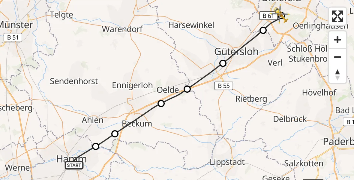 Flugroute Rettungshubschrauber Hamm - Luftrettungszentrum Bielefeld, 23 Mai 2026, 09:36