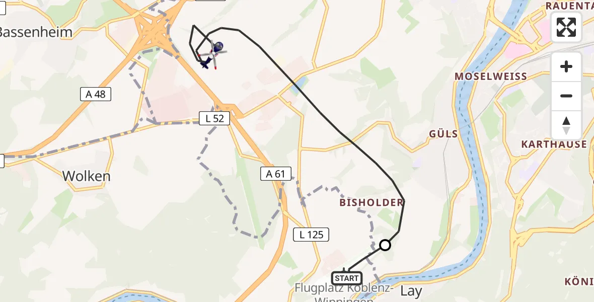 Flugroute Polizeihubschrauber Koblenz-Winningen Flugplatz - Koblenz, 23 Mai 2026, 09:36