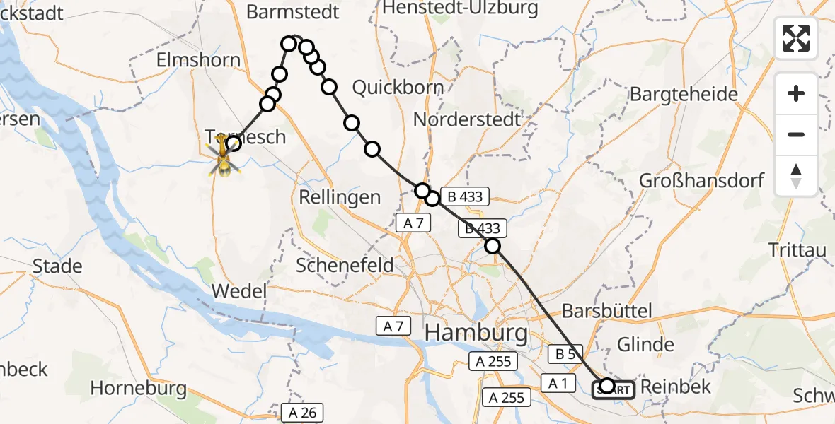 Flugroute Rettungshubschrauber Christoph Hansa ADAC Hubschrauberlandeplatz - Uetersen, 23 Mai 2026, 09:36