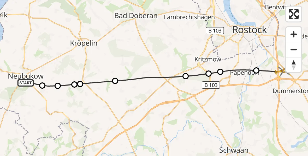Flugroute Ambulanzhubschrauber Neubukow - Dummerstorf, 23 Mai 2026, 09:40
