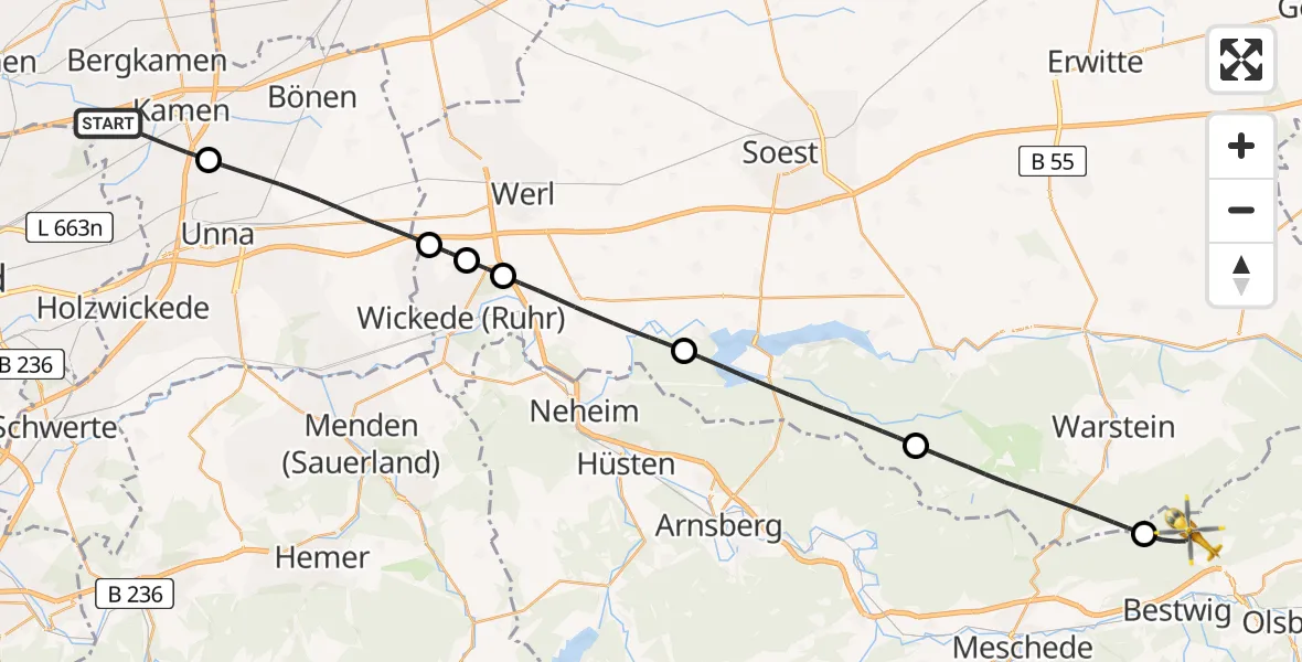 Flugroute Rettungshubschrauber Kamen - Bestwig, 23 Mai 2026, 09:40