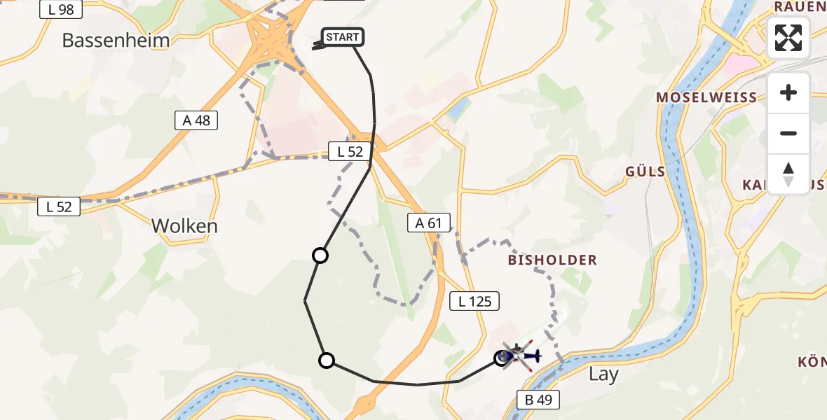 Flugroute Polizeihubschrauber Koblenz - Koblenz-Winningen Flugplatz, 23 Mai 2026, 09:55