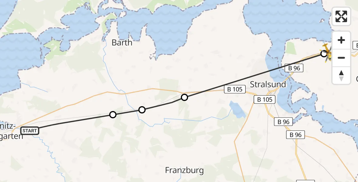 Flugroute Ambulanzhubschrauber Ahrenshagen-Daskow - Rambin, 23 Mai 2026, 10:00